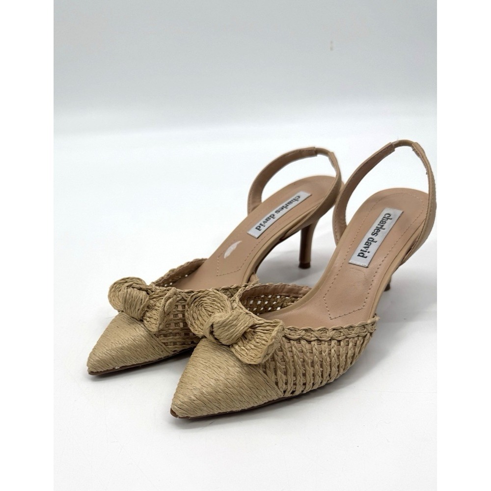 Charles David Allyson Raffia Bow Kitten Heel Sling Back Shoe 6.5 Coastal Resort